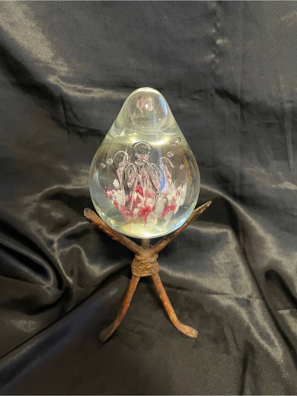 Art Glass Teardrop Paperweight with Pink Floral  Octopus   Design